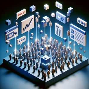 3D voxel art depicting the concept of online customer surveys on a dark blue background.