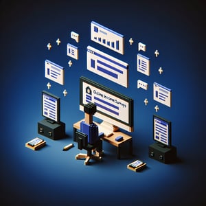 3D voxel art depicting the concept of online annual income surveys on a dark blue background.