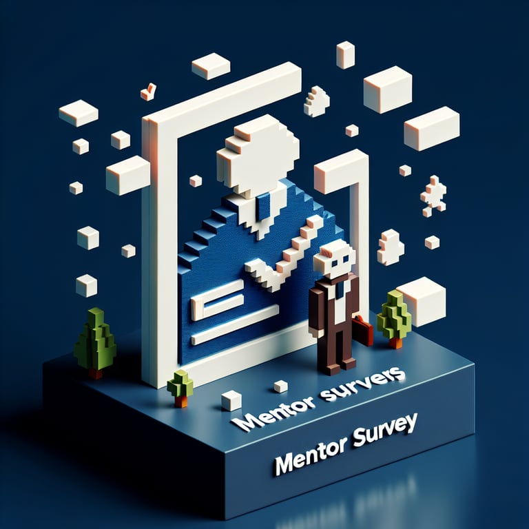 3D voxel art depicting online mentor surveys against a dark blue background.