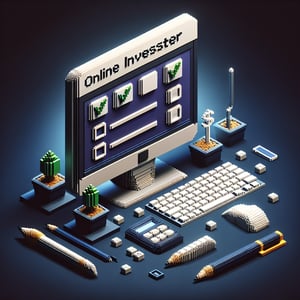 3D voxel art depicting online investor surveys with a dark blue background.