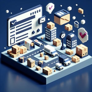 3D voxel art illustrating the concept of online mail and package delivery satisfaction surveys.
