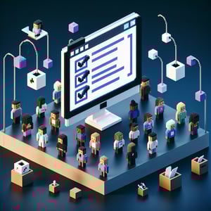 3D voxel art depicting online elementary parent survey concept on a dark blue background.
