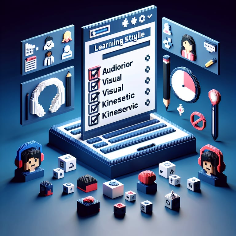 3D voxel art depicting online student learning style surveys on a dark blue background.