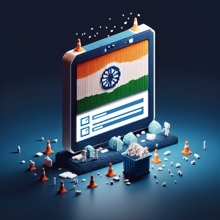3D voxel art depicting online surveys, symbolizing Clean India survey questions on a dark blue background.