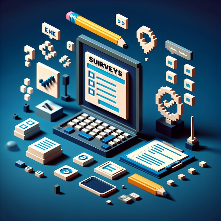 Creative 3D voxel illustration of workplace survey process