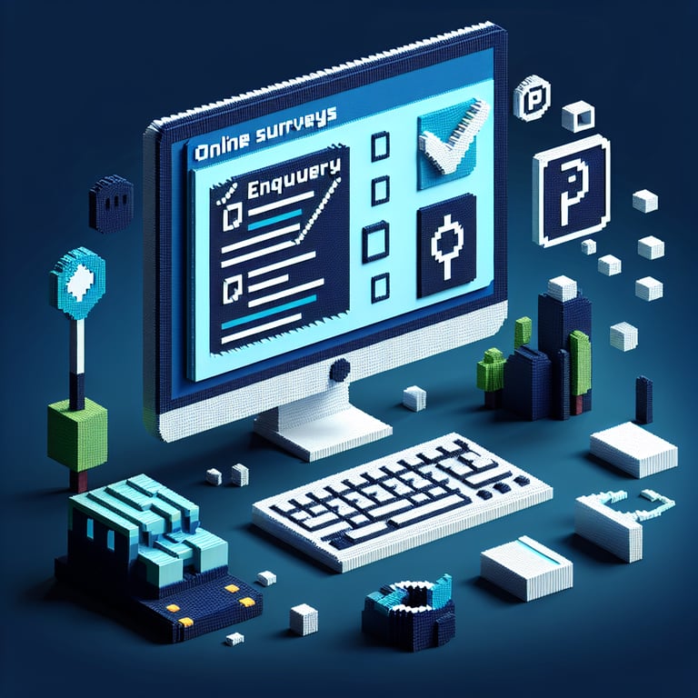 3D voxel art depicting the concept of online surveys about campus parking on a dark blue background.
