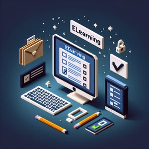3D voxel art depicting online survey elements on a dark blue background, symbolizing elearning surveys.
