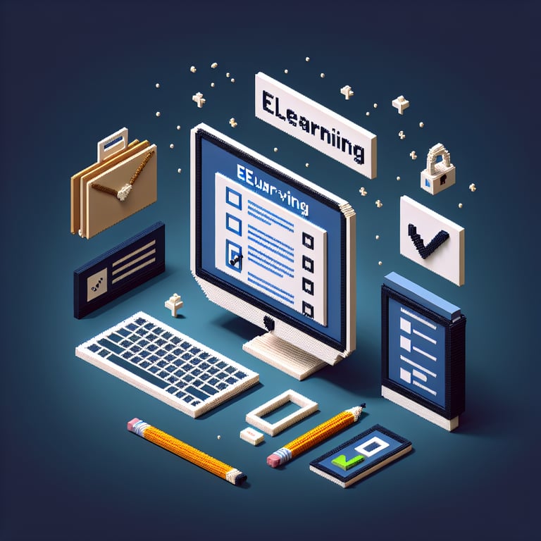 3D voxel art depicting online survey elements on a dark blue background, symbolizing elearning surveys.