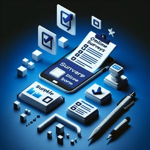 3D voxel art depicting online local surveys, with a dark blue background.
