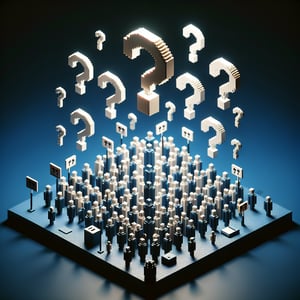 3D voxel art illustrating the concept of online public awareness surveys on a dark blue background.