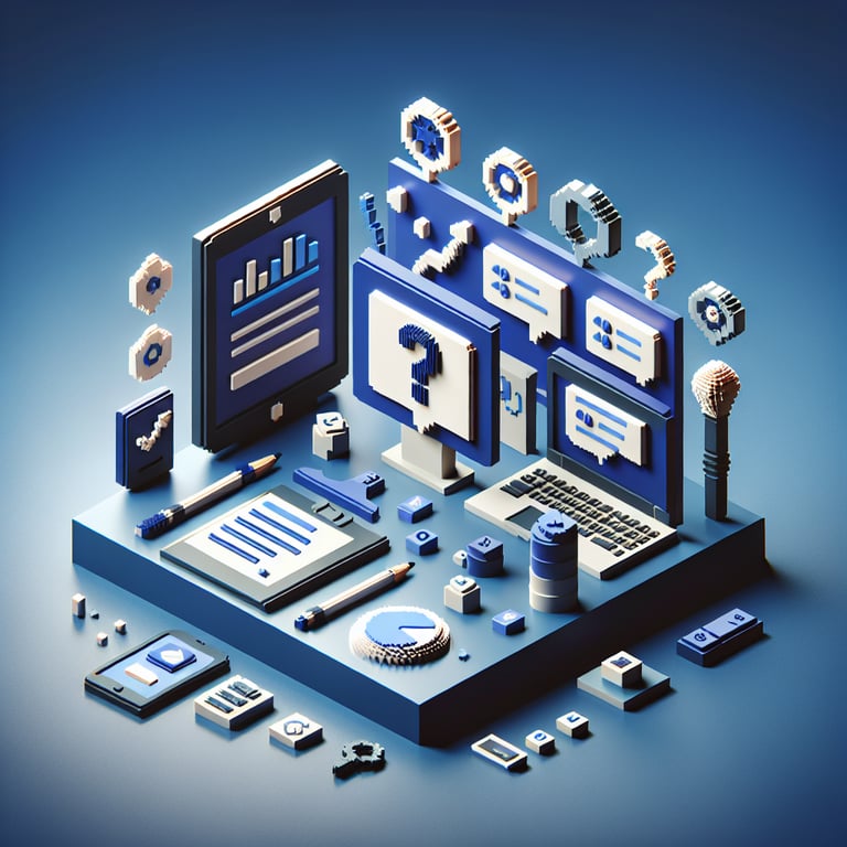 Creative 3D voxel rendering of an online site launch survey theme