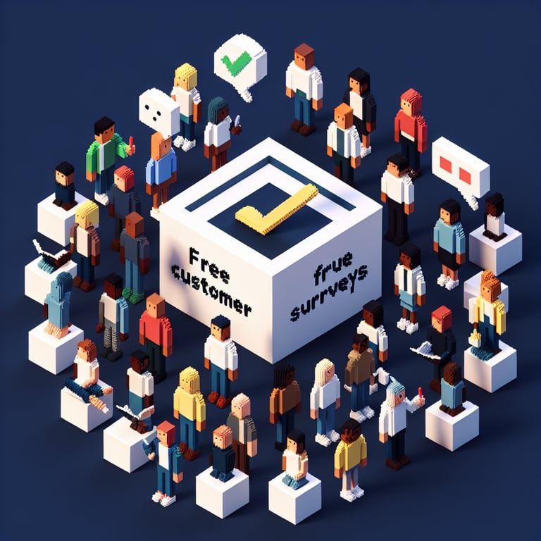 3D voxel art depicting the concept of online customer surveys on a dark blue background.