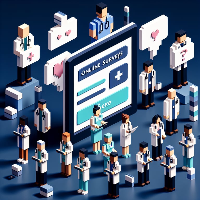 3D voxel art depicting the concept of online healthcare employee surveys on a dark blue background.