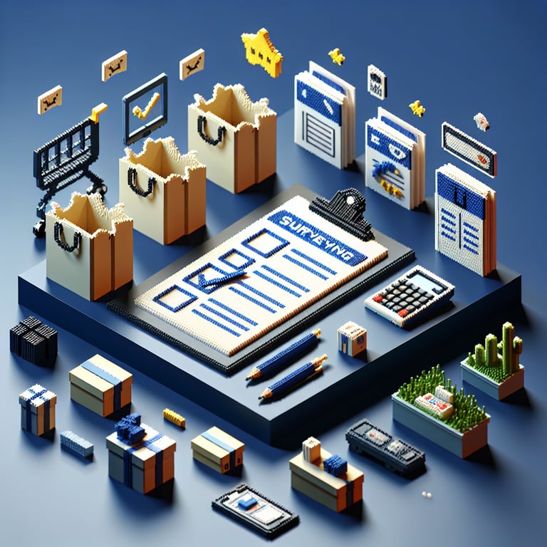 3D voxel art depicting online retail surveys with engaging elements on a dark blue background.