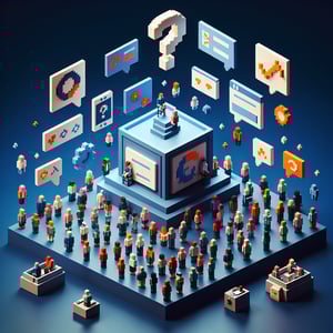 3D voxel art depicting the concept of a survey project involving 100 people and 10 questions, with a dark blue background.