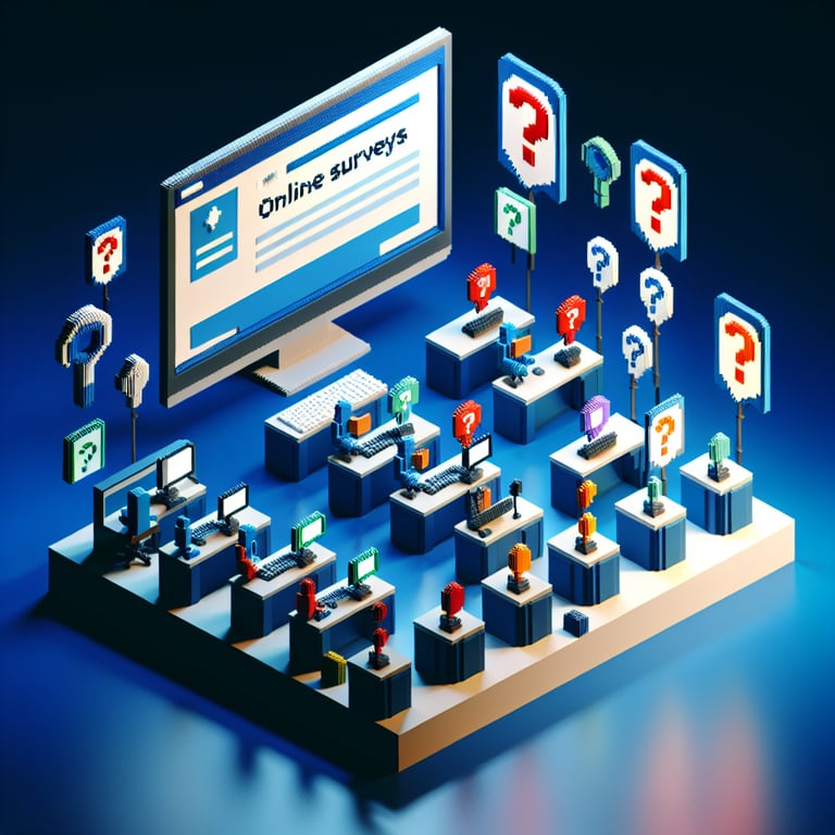 3D voxel art depicting online surveys and questions on a dark blue background, suitable for post-training class survey.