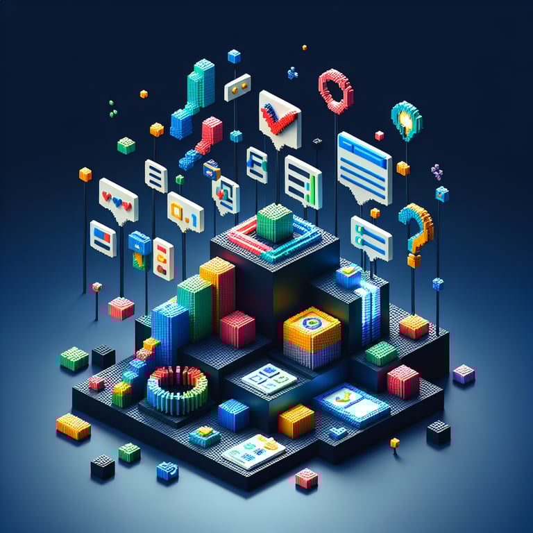 3D voxel art representing online feasibility survey questions on a dark blue background.