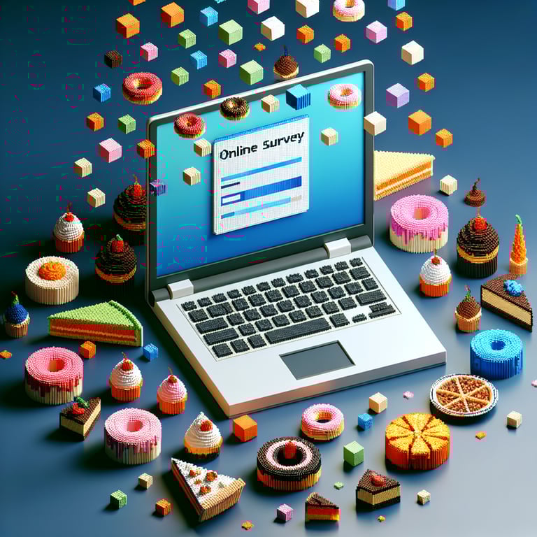 3D voxel art of ice cream cones and survey icons in voxel design