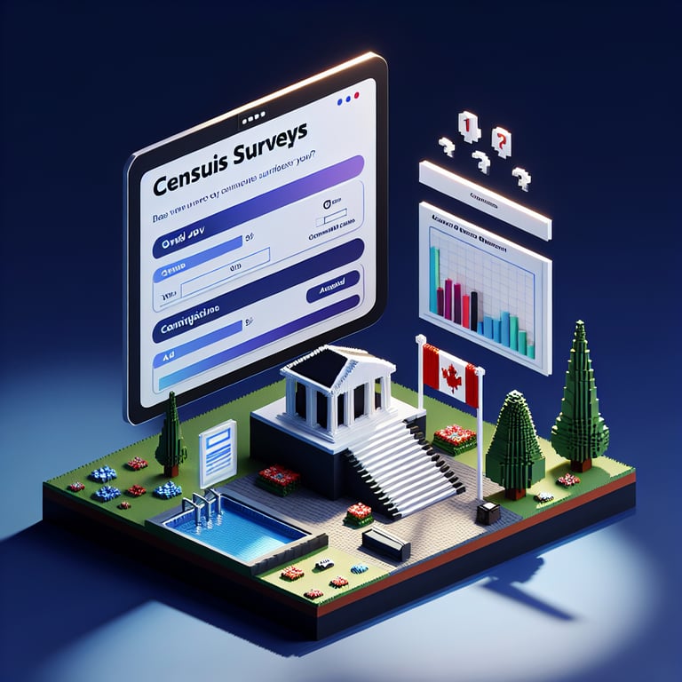 3D voxel art depicting online Canadian census surveys on a dark blue background.