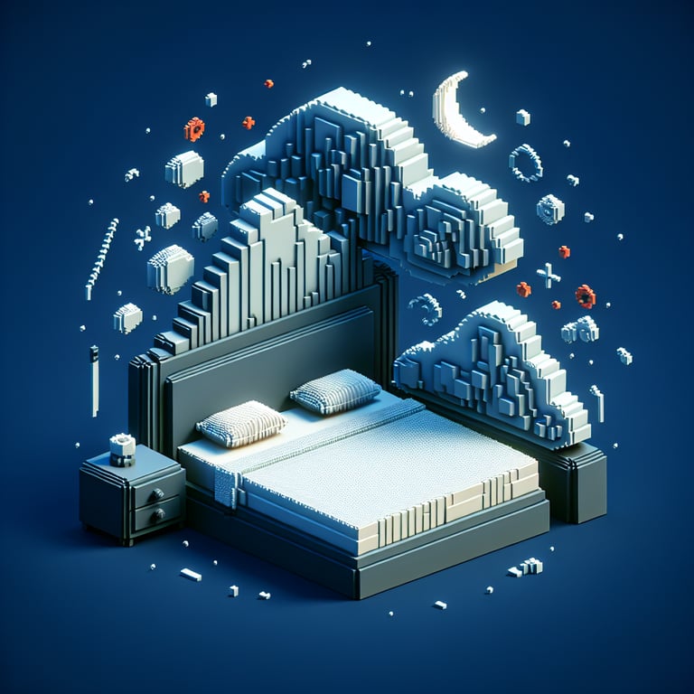 3D voxel art depicting online sleep survey concept against a dark blue background.