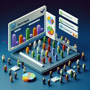 3D voxel art of online surveys on a dark blue background, representing manager evaluation questions.