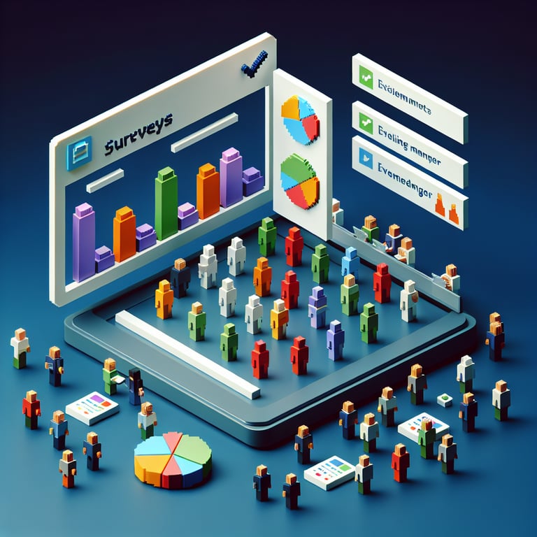3D voxel art of online surveys on a dark blue background, representing manager evaluation questions.