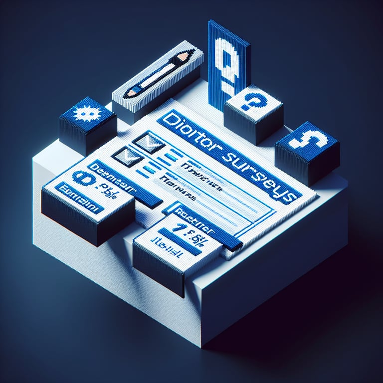 3D voxel art depicting online donor surveys, with engaging elements on a dark blue background.