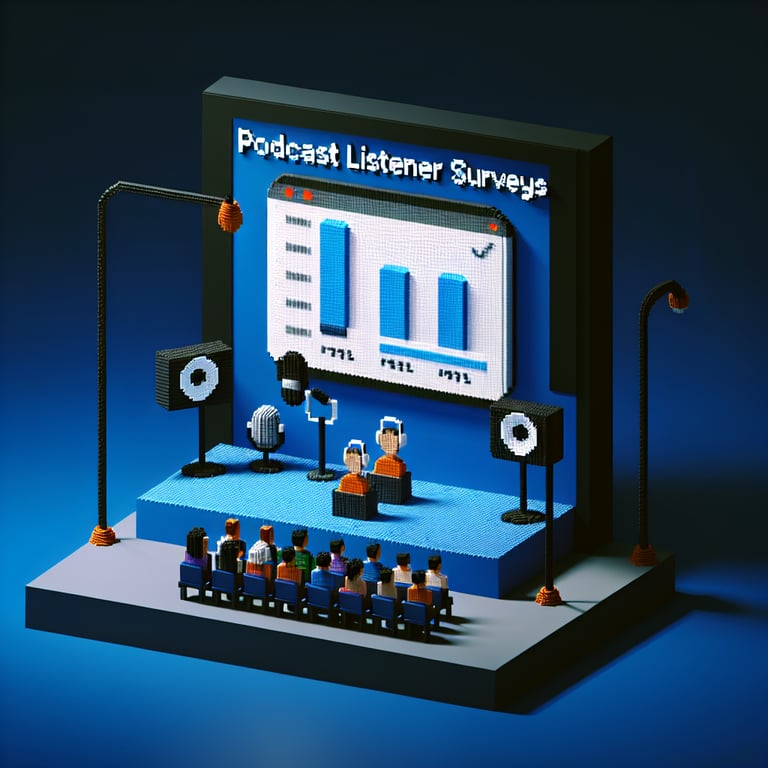 3D voxel art depicting online survey concept on a dark blue background, representing podcast listener surveys.