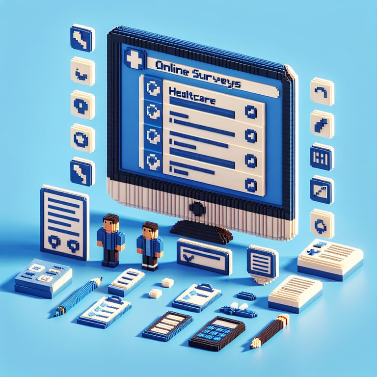 3D voxel art depicting online HCAHPS survey process on a dark blue background.