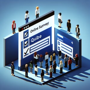 3D voxel art depicting the concept of online internal stakeholder surveys on a dark blue background.