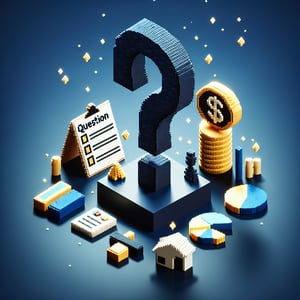 3D voxel art depicting online surveys, with a focus on household income, against a dark blue background.