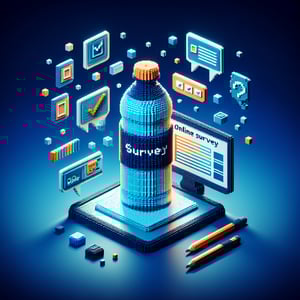 3D voxel art of online surveys with bottled water theme on a dark blue background.