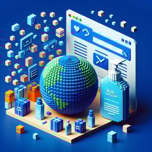 3D voxel art depicting online body lotion survey concept on a dark blue background.