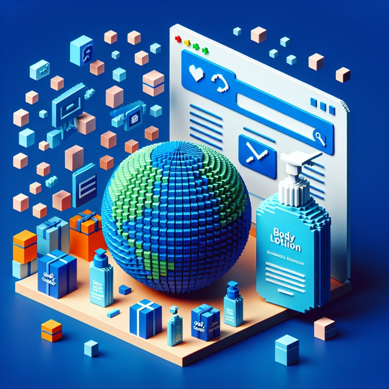 3D voxel art depicting online body lotion survey concept on a dark blue background.