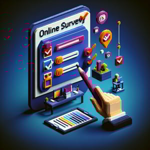 3D voxel art depicting online surveys, symbolizing new employee orientation survey questions.
