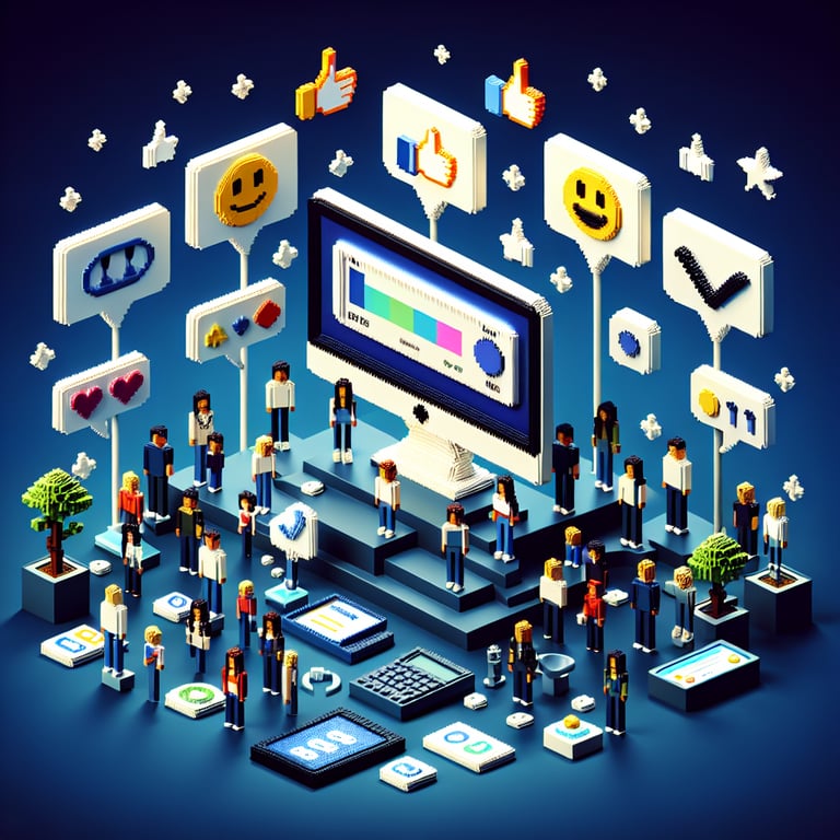 3D voxel art depicting online surveys, symbolizing ICT satisfaction survey questions on a dark blue background.