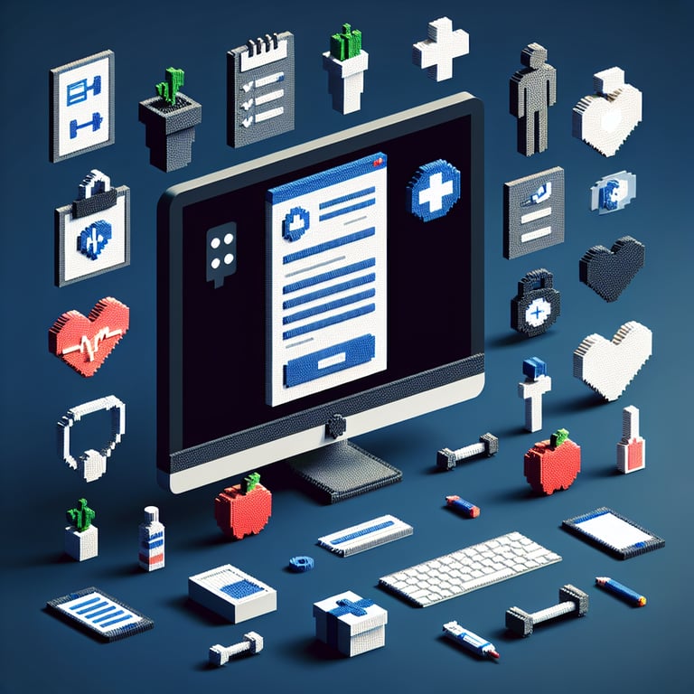 3D voxel art depicting online employee health benefit surveys on a dark blue background.