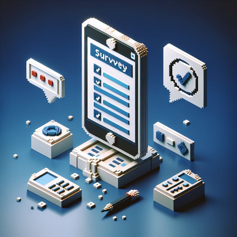 3D voxel art depicting the concept of online tech savviness surveys on a dark blue background.