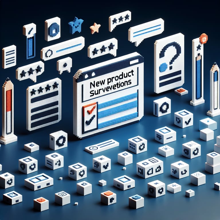 Artistic 3D voxel representation of consumer feedback survey with product icons