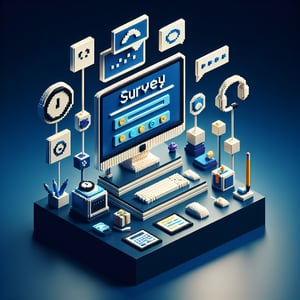 3D voxel art depicting online survey concept, featuring dark blue background, ideal for contact center survey page.