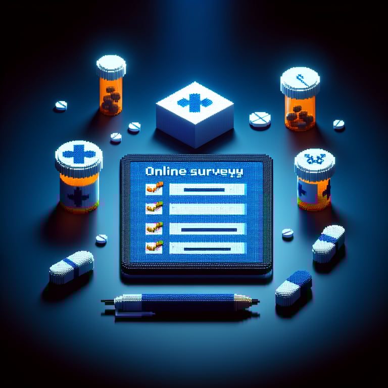3D voxel art illustrating the concept of online prescription drug surveys on a dark blue background.
