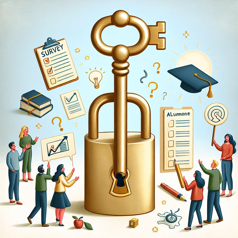 Illustration depicting the concept of unlocking the power of Alumni Engagement survey questions.