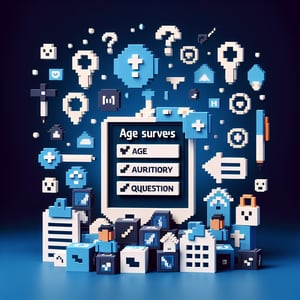 3D voxel art illustrating online age survey with dark blue background, devoid of text and branding.