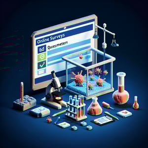 3D voxel art illustrating online stem cell research surveys on a dark blue background.