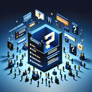 3D voxel art depicting online administration surveys with a dark blue background.