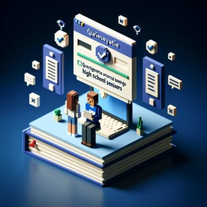 3D voxel art depicting the concept of online survey questions for high school seniors on a dark blue background.