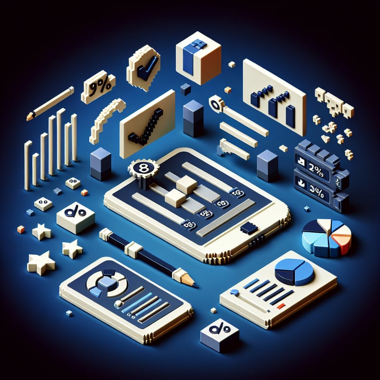 3D voxel art representing online business surveys on a dark blue background.