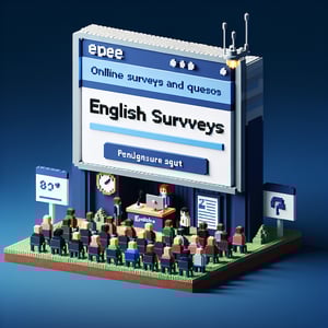 3D voxel art depicting the concept of online English surveys on a dark blue background.