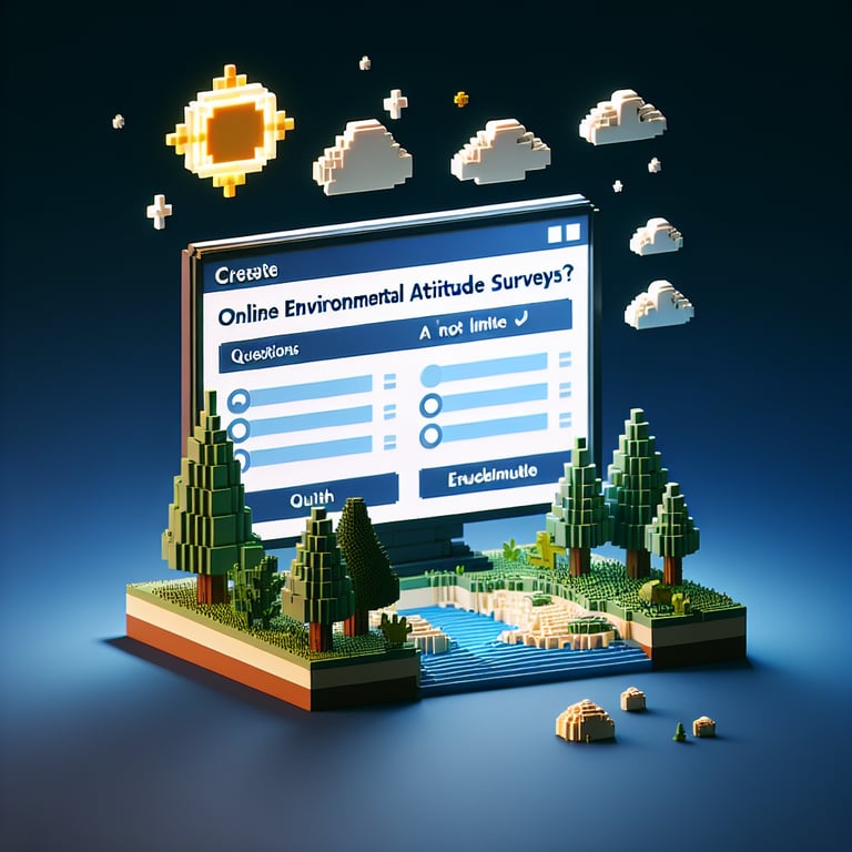 3D voxel art depicting online environmental attitude survey concept on a dark blue background.