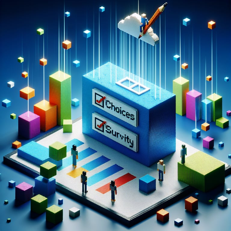 3D voxel art depicting online surveys and questions against a dark blue background.